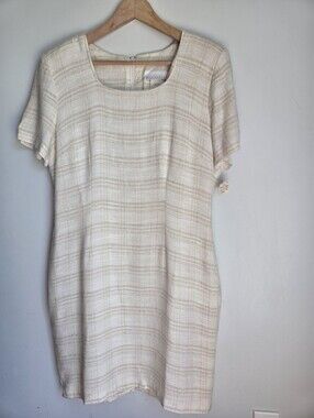 New + Vintage WEATHER VANE  Cream Plaid Short Sleeve Rayon & Linen Shift Dress